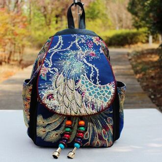 Retro Phoenix Geborduurde Rugzak Pailletten Canvas Tribal Etnische Geborduurde Bloemen Rugzakken Nationale Vrouwen Back Pack Bag Blauw