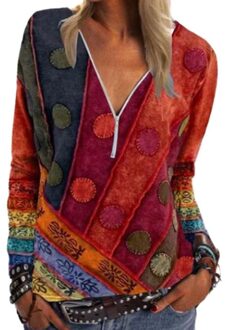 Retro Print Vrouwelijke Shirts Plus Size Vrouwen Blouse V-hals Lange Mouw Chains Print Losse Casual Shirts Vrouwen Top blouses