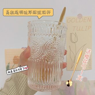 Retro Reliëf Phnom Penh Glas Cup Ronde Zon Bloem Water Cup Creatieve Wijn Glas Whisky Glas Home Water Cup stijl nee.4met lepel