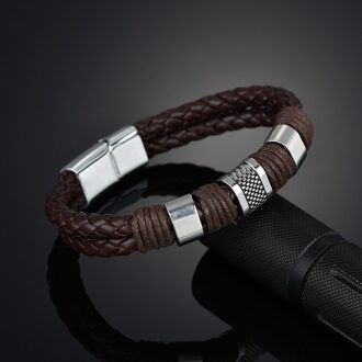 Retro Sieraden Mens 316L Rvs Gevlochten Lederen Armband Manchet Armband Magnetische Sluiting Bangle Vintage bruin
