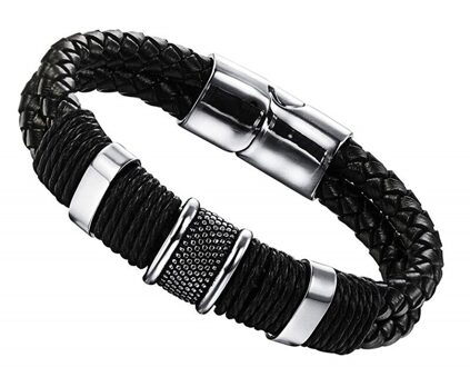 Retro Sieraden Mens 316L Rvs Gevlochten Lederen Armband Manchet Armband Magnetische Sluiting Bangle Vintage zwart