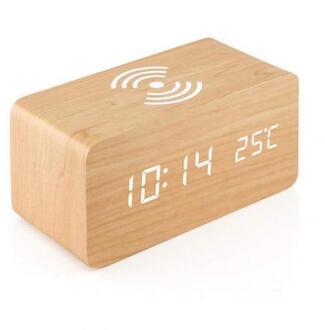 Retro Thuis Bureau Mute Led Digitale Draadloze Opladen Sound Control Wekker Wooden kleur