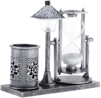 Retro Unieke Zandloper Pen Houder Met Ingebouwde Licht Ambachten Glas Zand Timer Ornament Voor Home Office Decor -14x15.5cm zilver