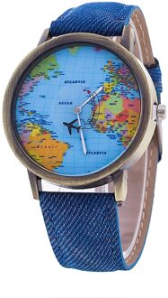 Retro Unisex Horloges Vliegtuig Kaart Horloge Creatieve Vrouwen En Mannen Quartz Horloge Klok blauw