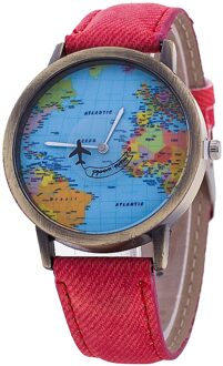 Retro Unisex Horloges Vliegtuig Kaart Horloge Creatieve Vrouwen En Mannen Quartz Horloge Klok rood