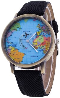 Retro Unisex Horloges Vliegtuig Kaart Horloge Creatieve Vrouwen En Mannen Quartz Horloge Klok zwart