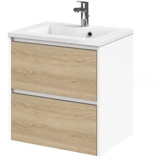 Reverse Meubelset 60 cm met 2 lades Naturel eik - Mat wit incl Quadro wastafel Hoogglans wit - 800316 Eiken