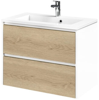 Reverse Meubelset 80 cm met 2 lades Naturel eik - Mat wit incl Quadro wastafel Hoogglans wit - 800318 Eiken