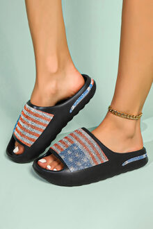 Rhinestone Vlag Slippers Zwart