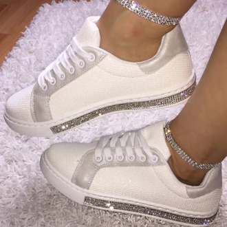 Rhinestone Women Canvas Shoes Small White Shoes Strap Casual Shoes Sneakers Sequins Plus Size 34-43