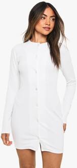 Rib Button Down Mini Jurk, White - 40