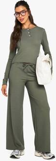 Rib Button Up Long Sleeve Crop Top And Drawstring Trouser Set, Khaki - 36