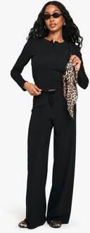 Rib Button Up Long Sleeve Crop Top En Drawstring Trouser Set, Black - 38