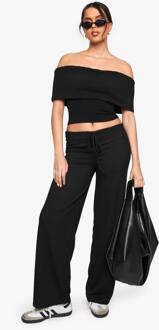 Rib Foldover Bardot Top En Broek Met Rechte Pijpen Set, Black - 38