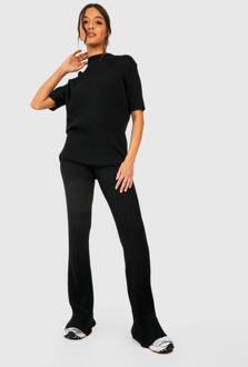 Rib Gebreide Tuniek En Wijde Pijpbroek Set, Black