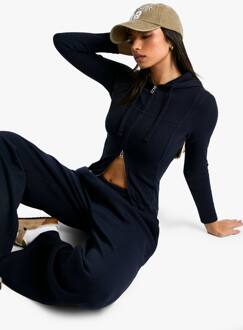 Rib Naad Detail Hoodie En Rechte Pijp Jogger Trainingspak, Navy - XL