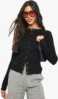 Rib Popper Front Langmouwen Top, Black - 38