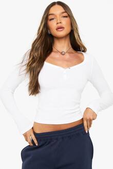 Rib Popper Front Top Met Lange Mouwen, White - 42