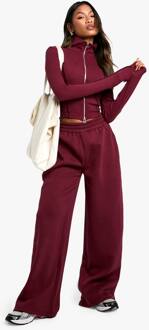 Ribbelzoomdetail Dubbele Rits Top En Rechte Pijpen Jogger Set, Burgundy - L