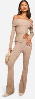 Ribgebreide Bardot Top Met Gespleten Zoom & Wijde Broek Co-Ord, Oatmeal