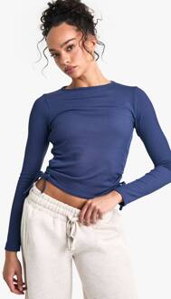 Ribgebreide Geraapte Top Met Zijtouw En Lange Mouwen, Navy - 38