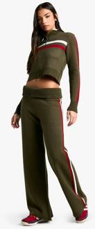 Ribgebreide Highneck Trui Met Ritssluiting En Opgevouwen Tailleband In Uitlopende Broek, Khaki - L