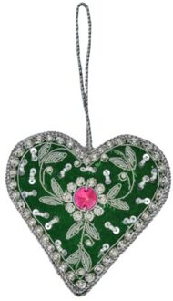 Rice kerst stoffen ornament met kralen heart, groen
