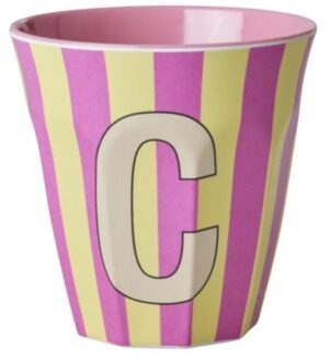 Rice melamine beker medium gestreept letter c, roze