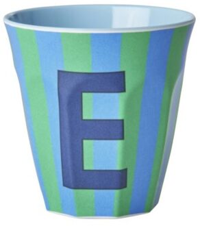 Rice melamine beker medium gestreept letter e, blauw