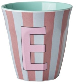 Rice melamine beker medium gestreept letter e, roze