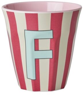 Rice melamine beker medium gestreept letter f, roze
