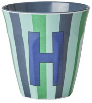 Rice melamine beker medium gestreept letter h, blauw