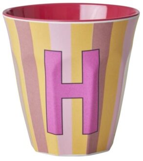 Rice melamine beker medium gestreept letter h, roze