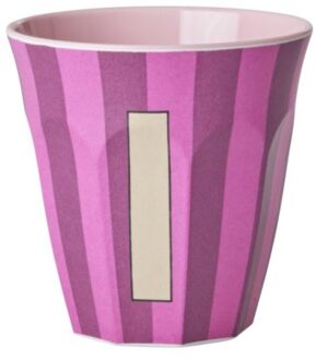 Rice melamine beker medium gestreept letter i, roze