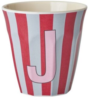 Rice melamine beker medium gestreept letter j, roze