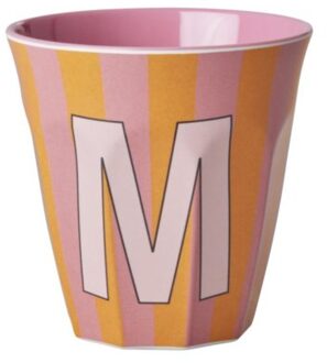 Rice melamine beker medium gestreept letter m, oranje