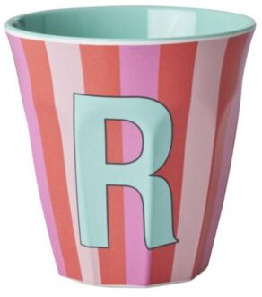 Rice melamine beker medium gestreept letter r, roze