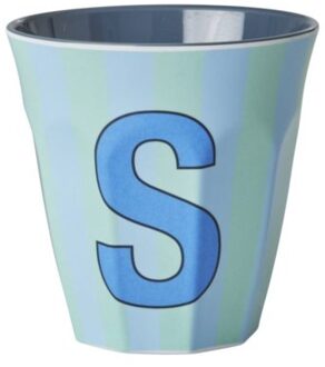 Rice melamine beker medium gestreept letter s, blauw