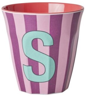 Rice melamine beker medium gestreept letter s, roze