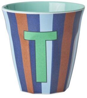 Rice melamine beker medium gestreept letter t, blauw