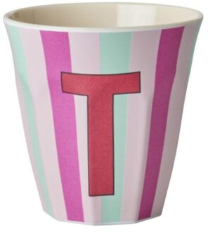 Rice melamine beker medium gestreept letter t, roze