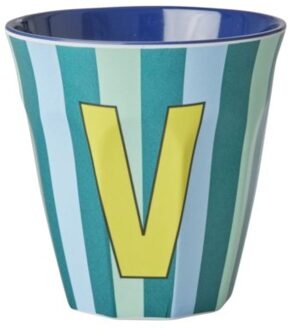 Rice melamine beker medium gestreept letter v, blauw