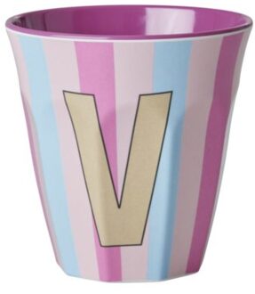 Rice melamine beker medium gestreept letter v, roze