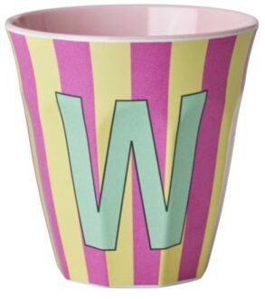 Rice melamine beker medium gestreept letter w, roze