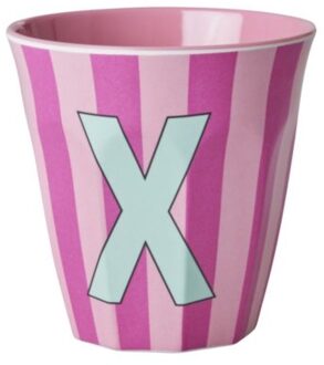 Rice melamine beker medium gestreept letter x, roze