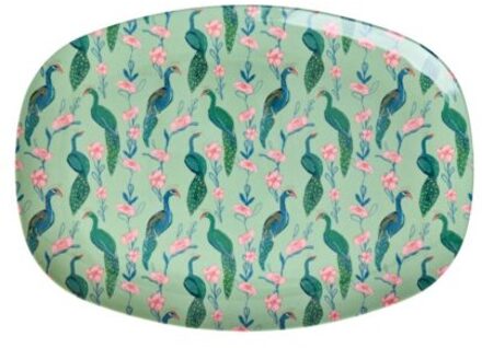 Rice melamine bord, rechthoekig, groen met peacock power print