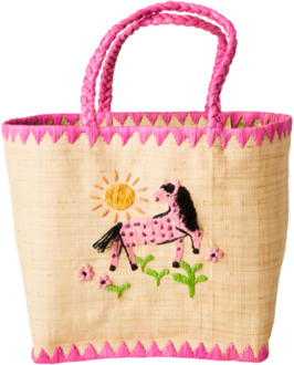 Rice raffia tas medium paard roze