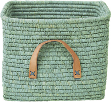 Rice Small Square Raffia Basket with Leather Handles - Mint