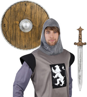 Ridders Carnaval verkleed accessoires voor volwassenen - Ridderkap - Zwaard 59 cm - Schild D40 cm