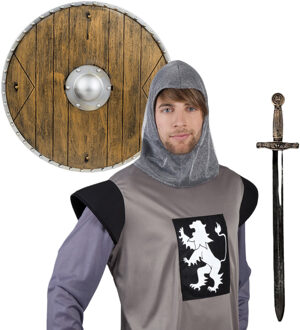 Ridders Carnaval verkleed accessoires voor volwassenen - Ridderkap - Zwaard 63 cm - Schild D40 cm